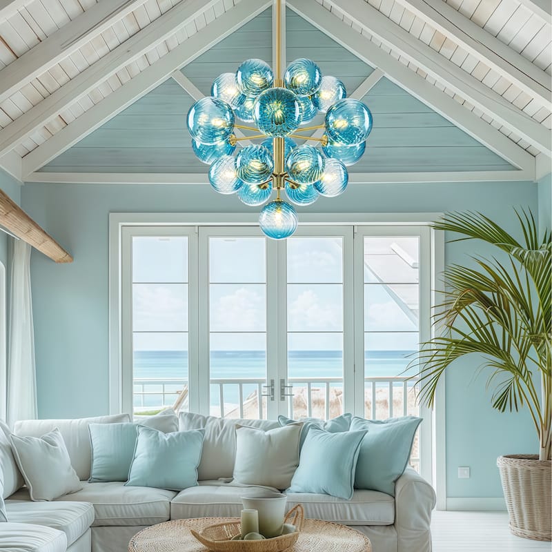 Starsky 19-Light Glam Tiered Cluster Blue Swirled Bubble Chandelier