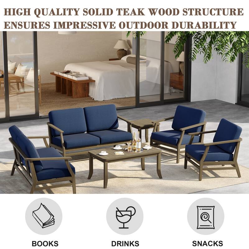 6-Seat Outdoor Teak Wood Patio Conversation Set with Cushions Tables