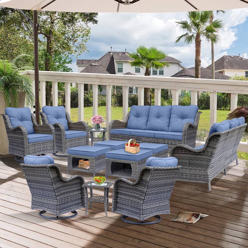 Gray Wicker 12-piece Outdoor Patio Conversation Sets with Swivel Chair - Denim Blue
