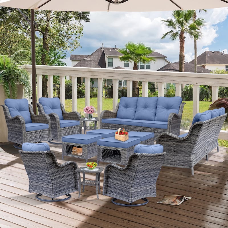 Gray Wicker Rattan Outdoor Patio Furniture Set Swivel Chair with Cushion - 12 Pieces - Denim Blue