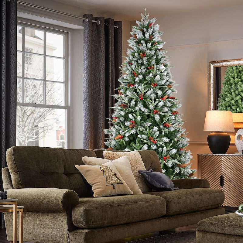 5FT Christmas Tree with 1131 Tips, Red Berries & Pine Cones-Snow-Dusted PE+PVC Branches, Hinged Design for Easy Setup