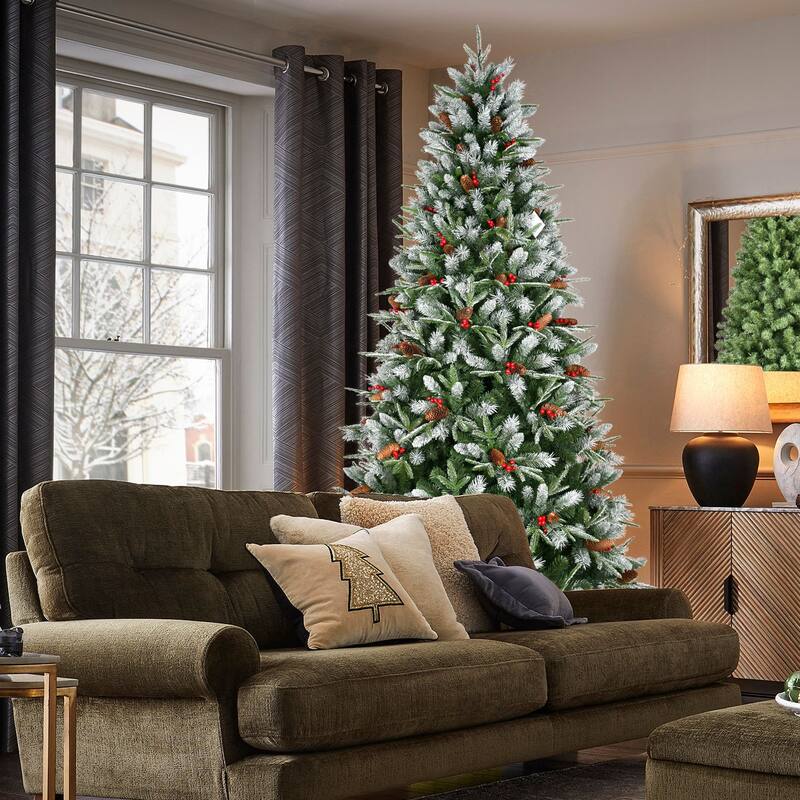 8FT Christmas Tree with 2850 Tips, Red Berries & Pine Cones - Snow-Dusted PE+PVC Branches, Hinged Design,Metal Stand