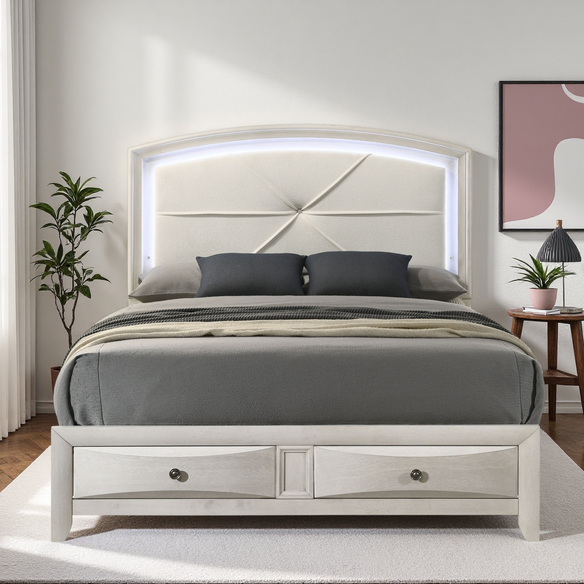 Queen Size Synthetic Wood Platform Bed with Storage Drawers and LED Lighting