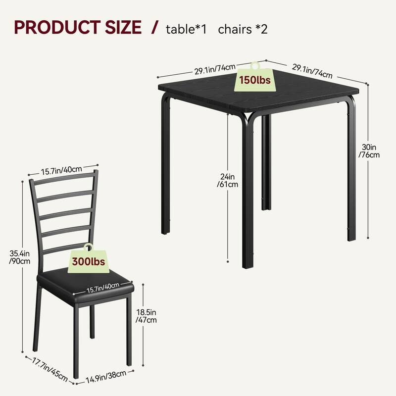 3-Piece Modern Dining Set for 2, Square Table and Chairs for Apartment Kitchen or Indoor Small Dining Area - Black
