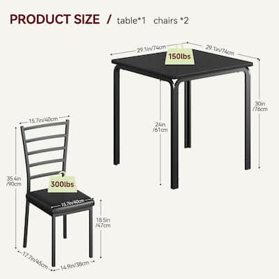 3-Piece Modern Dining Set for 2, Square Table and Chairs for Apartment Kitchen or Indoor Small Dining Area