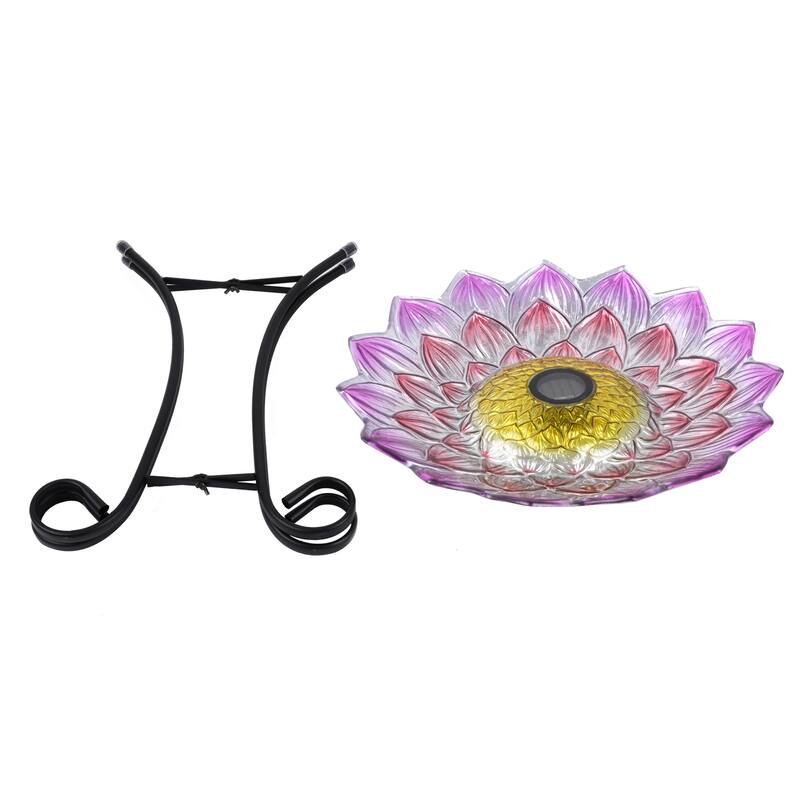 21" Red and Pink Dahlia Outdoor Glass Solar Bird Bath with Stand
