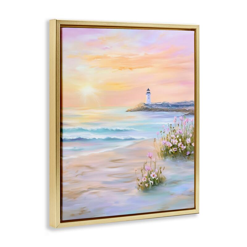 Stupell Warm Sunrise with Distant Lighthouse Framed Floater Canvas Wall Art Design By Arlington Prints