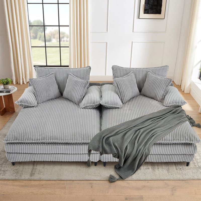Harmonia 109" W Oversized Corduroy Sofa Bed, Deep Seat Double Lounge Chaise with 4 Pillows