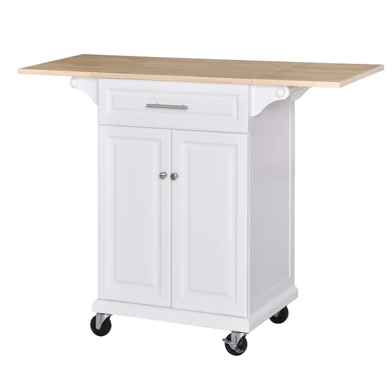HOMCOM Kitchen Island Cart on Wheels with Extended Counter Drawer Cabinet Towel Racks Versatile Use Natural Wood Top and White