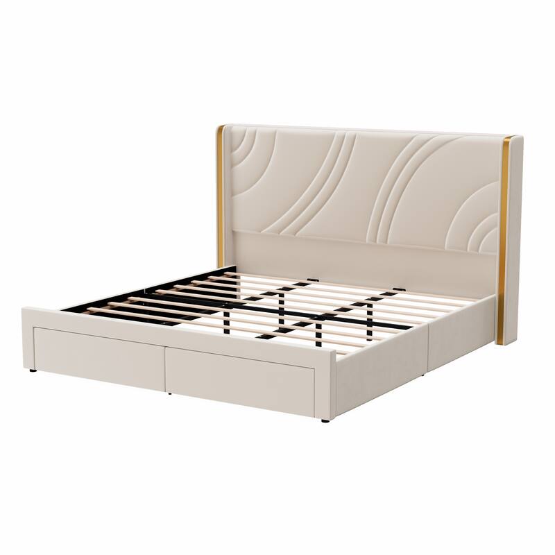 Velvet Upholstered Platform Bed with Smart Ambient Strip Lights Wingback Headboard, and Endbed Pull-out Storage Drawers