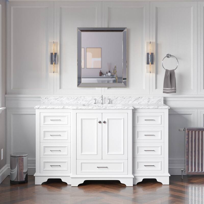 KitchenBathCollection Nantucket 60" Single Bathroom Vanity with Carrara Marble Top - White