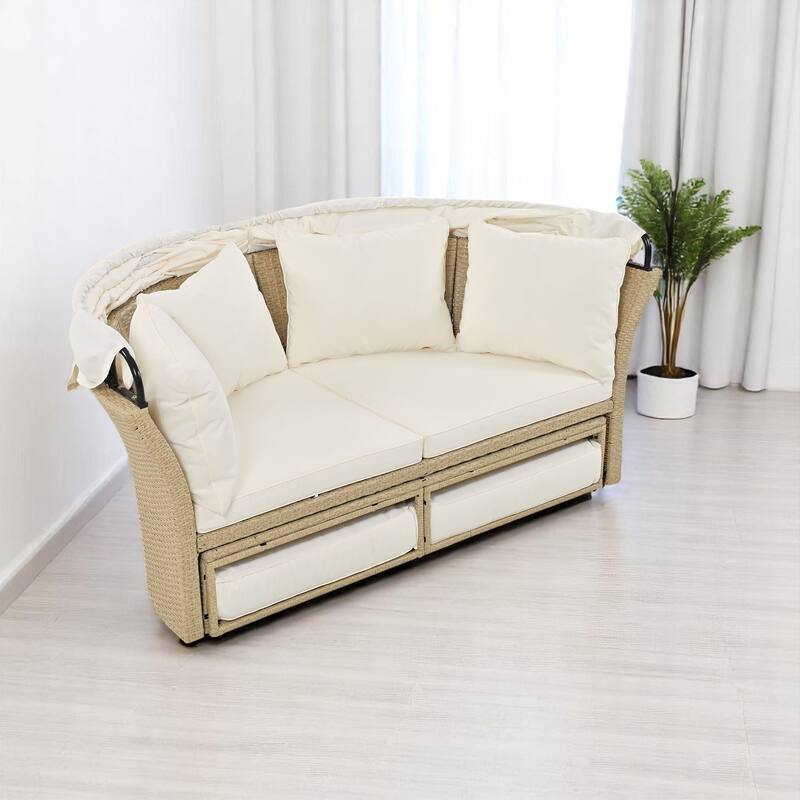 Convertible Patio Daybed Sofa outdoor Furniture Set with Retractable Canopy, Cushions, and Pillows - for Outdoor Use