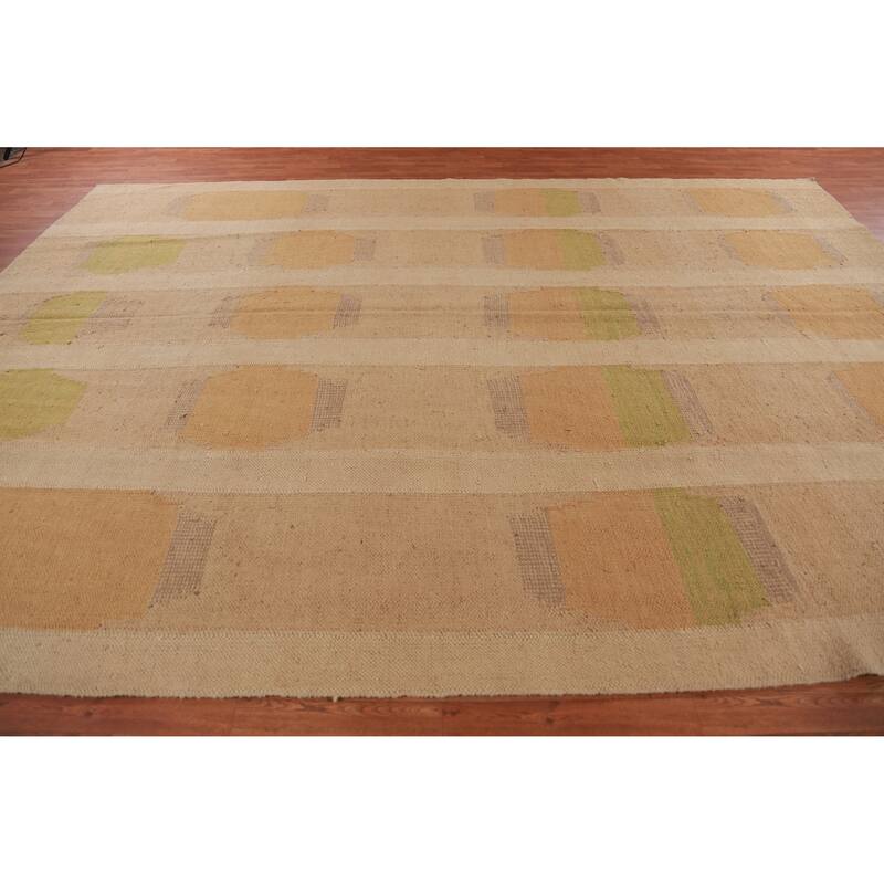 Hand Woven Oriental 100% Jute Carpet Southwestern Modern Peach Kilim Area Rug - 14' 1'' X 9' 11''