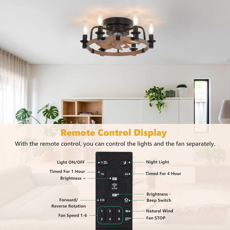 Vintage Ceiling Fan Light with Lighting and Multifunctional Remote Control, 6 Speed Settings for Bedroom and Living Room