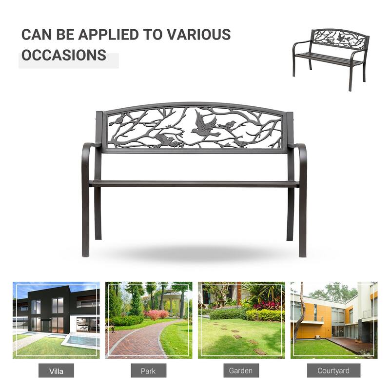 Garden Bench, Outdoor Patio Bench With Animal Pattern, Cast Steel Metal Bench For Yard, Lawn, Porch