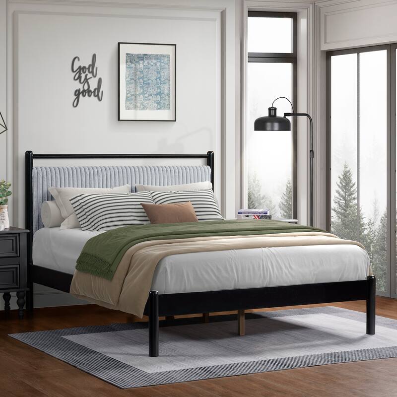 Classic Wooden Platform Bed Frame with Light Grey Fluffy Headboard