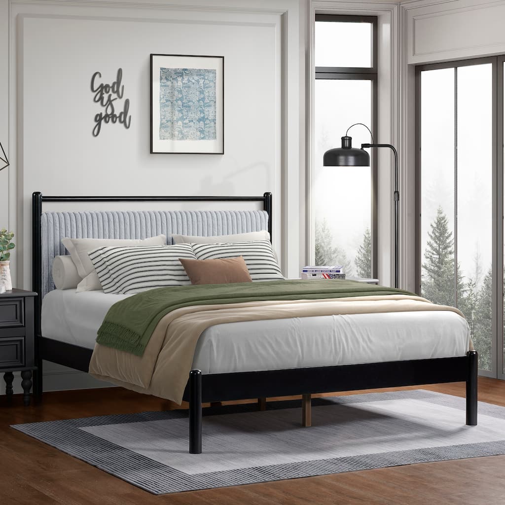 Queen Wood Platform Bed with Soft Headboard, Grey and Black Frame
