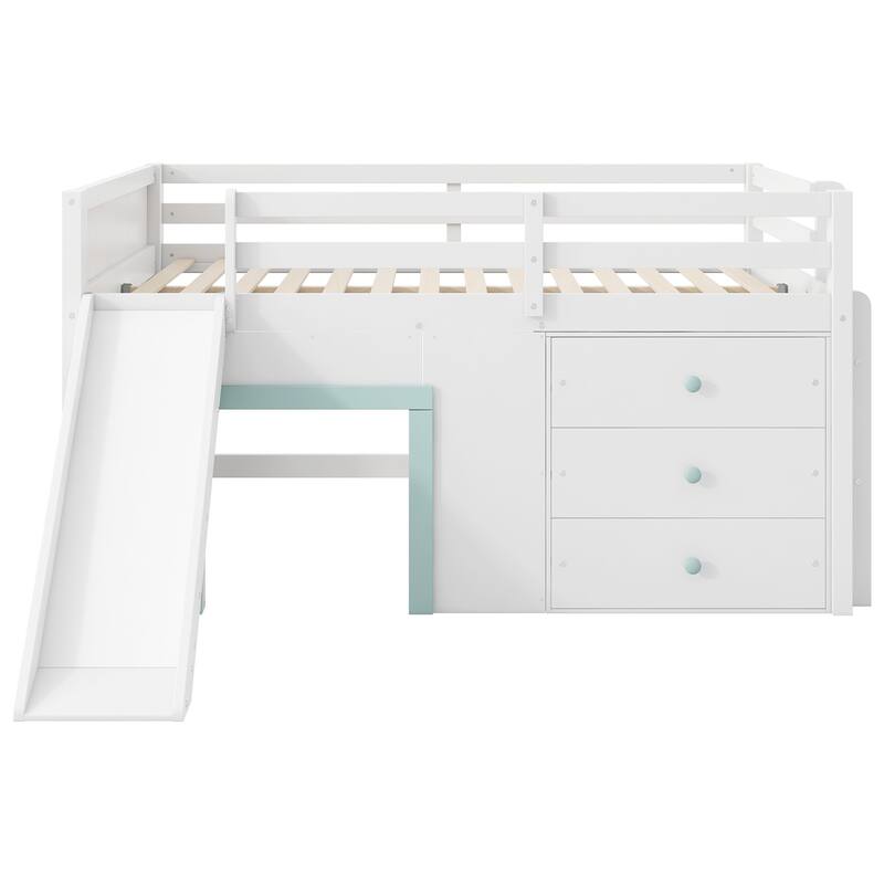 Full Size Low Loft Bed with Slide, 3 Storage Drawers and 2 Doors