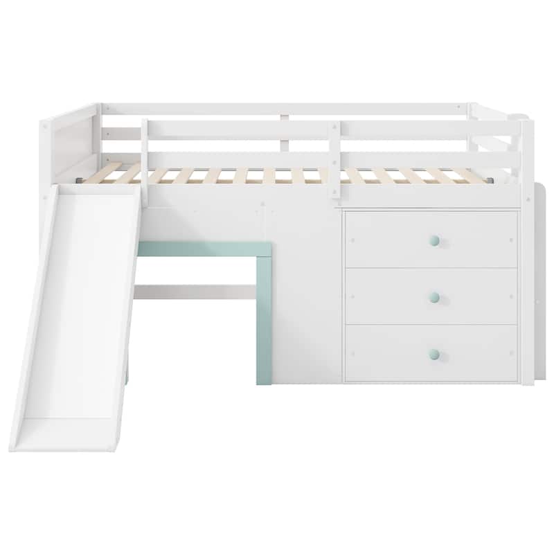 Full Size Pinewood Low Loft Bed with Slide, 3 Storage Drawers and 2 Doors
