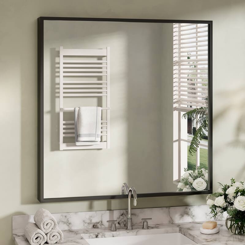Tempered Glass and Metal Framed French Cleat Mounted Wall Bathroom / Vanity Mirror - 36" x 36" - Black