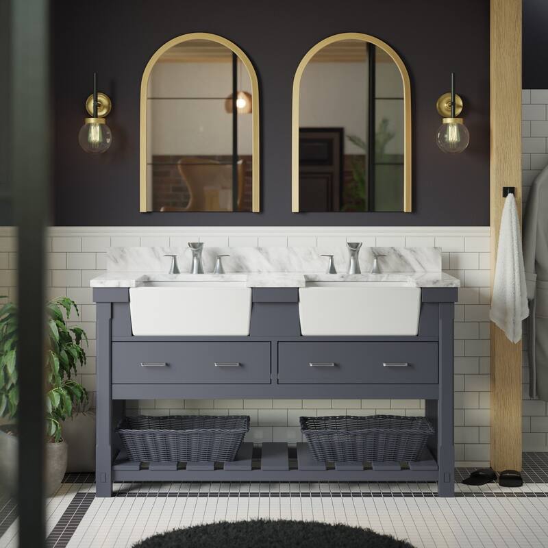 KitchenBathCollection Charlotte 60" Double Farmhouse Vanity with Carrara Marble Top