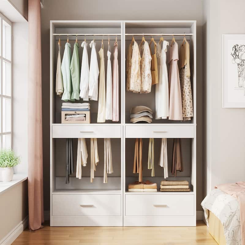 Qvella 23.6'' W Closet System with Hanging Rods and Wooden Drawers, Modular Walk-In Closet Organizer with Pants Rack - White - Set of 2(47.2'' W)