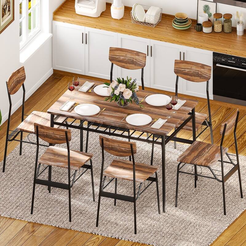 7-Piece Dining Table Set for 6, 43.3'' Kitchen Table and Wood Chairs with Storage and Backrest