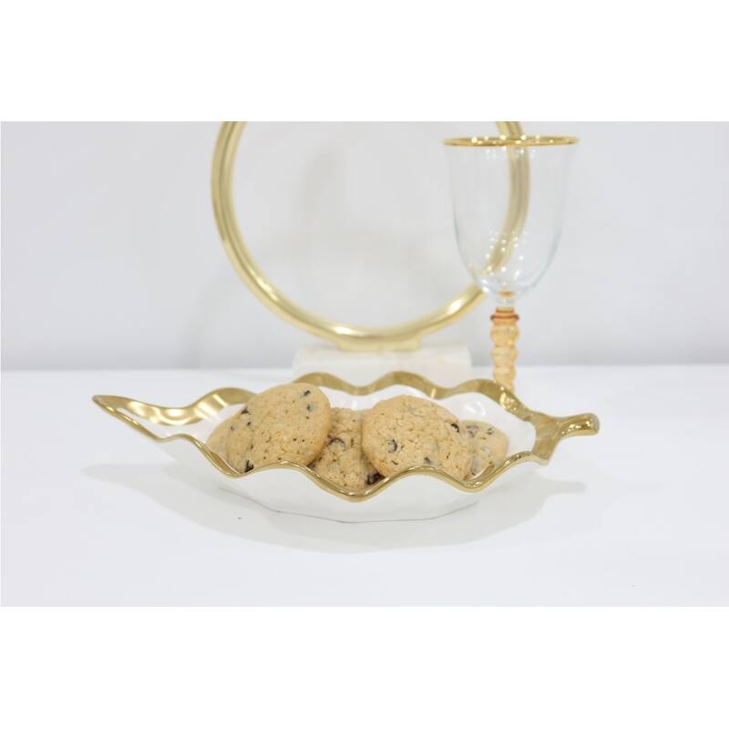 Alice Pazkus 11"L Gold White Porcelain Leaf Shaped Dish