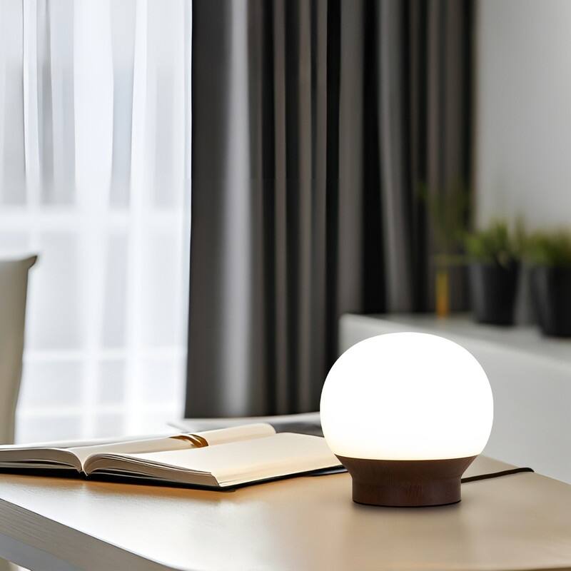 Brightech Marlow LED Walnut Brown Wood Midcentury Round Globe Dimmable Bedside Nightstand Desk Lamp