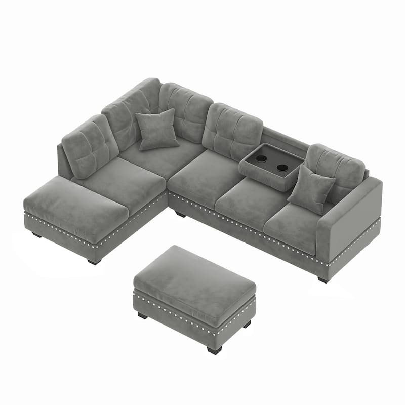 105 inch Reversible Sectional Sofa L shape Couch Space Saving with Storage Ottoman and Cup Holders Design