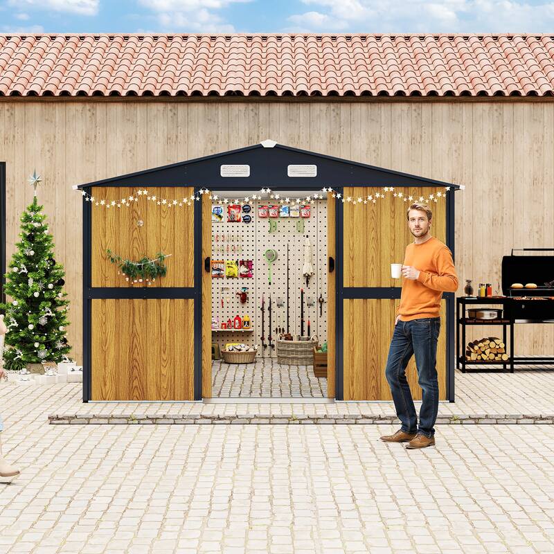10X12 FT Outdoor Steel Storage Shed with Lockable Doors, 2 Windows, Garden Shed Ideal for Backyard, Patio Storage