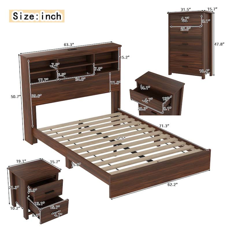 Roomfitters 4-Piece Bedroom Set, Wooden Queen Size Bed with Storage Headboard and Charging Station