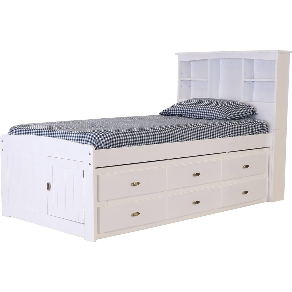 Twin Bookcase Bed with Drawers - Style Bed Frame - Under Bed Storage - White Finish