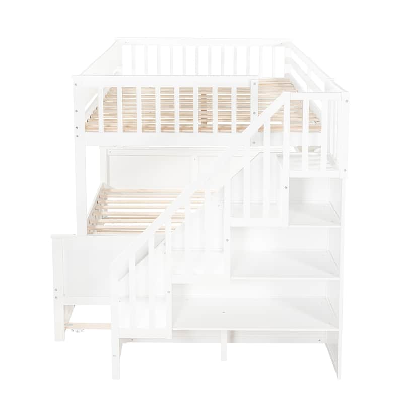 Full XL Over Queen Bunk Bed with Staircase Storage, Underbed Trundle, Open Shelf & LED Light by Harper&Bright Designs
