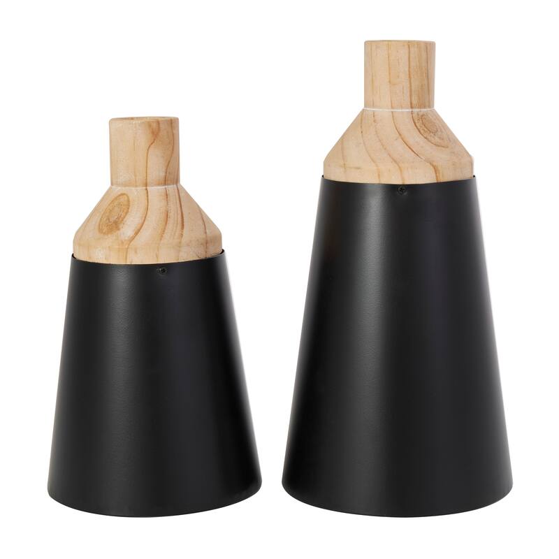 Black Wood Triangular Colorblock Decorative Vase with Light Brown Wood Tops (Set of 2)
