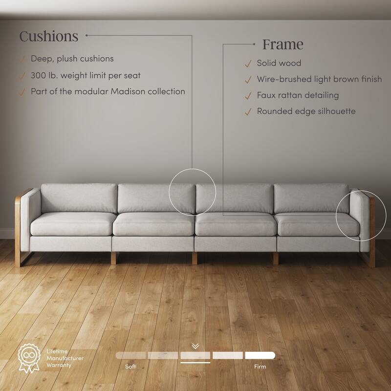 Madison Modern Upholstered Modular Sofa or Couch for Living Room with Solid Wood Legs