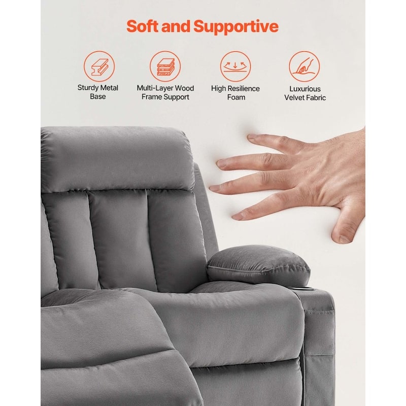Grey Velvet Electric Recliner Loveseat with Massage, Heating and USB Ports - 61 x 35.55 x 42.13 in