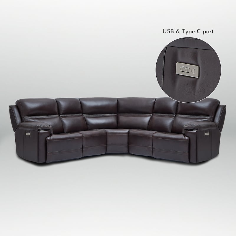 5PCS, 3 power Recliners, Dual-Power Genuine Leather Reclining Sectional with Adjustable Headrest