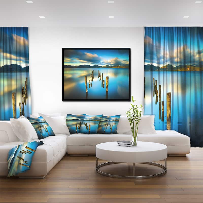 Designart "Cloudy Lake with Broken Pier" Seascape Framed Canvas Art Print