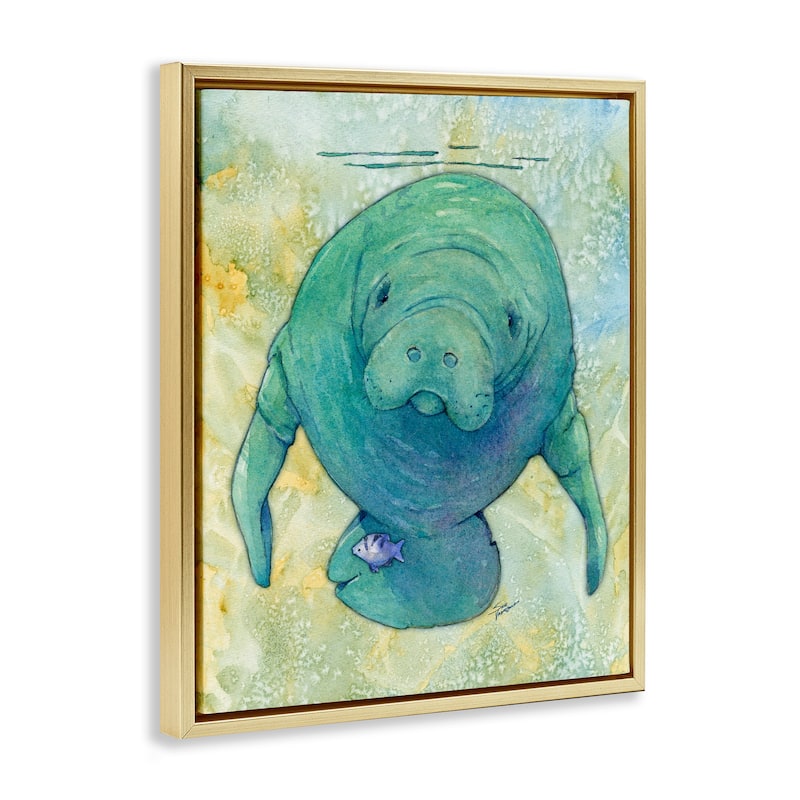 Stupell Green Manatee Underwater Framed Floater Canvas Wall Art Design by Steve Vanderbosch