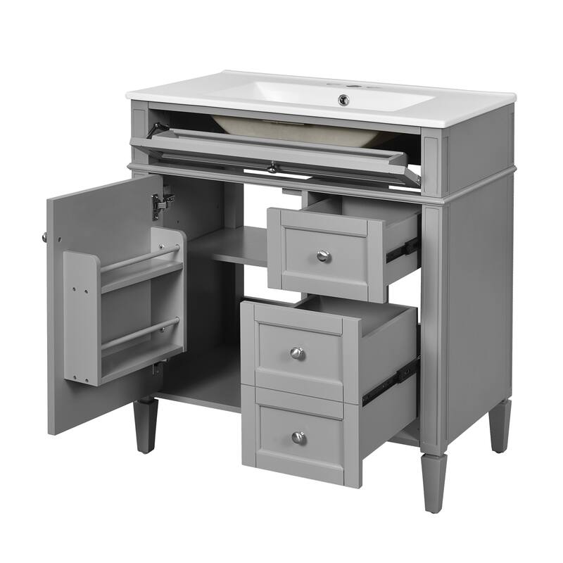 Single Sink Vanity for Bathroom Storage Cabinet with Tip-out Drawer, Small Drawer, Large Drawer, Door Rack and Adjustable Shelf