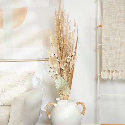 Beige Dried Plant Handmade Tall Floral Bouquet Branch Natural Foliage with Grass Stems and Palm Leaf Accents