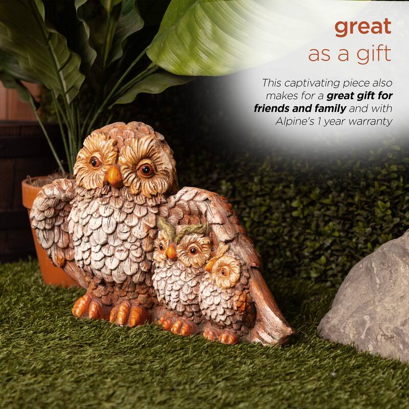 11" Owl Mom Wing Protecting Two Baby Owlettes Statuary