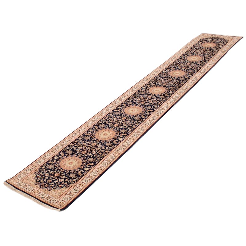ECARPETGALLERY Hand-knotted Nain Dark Navy Silk, Wool Rug - 2'8 x 16'2
