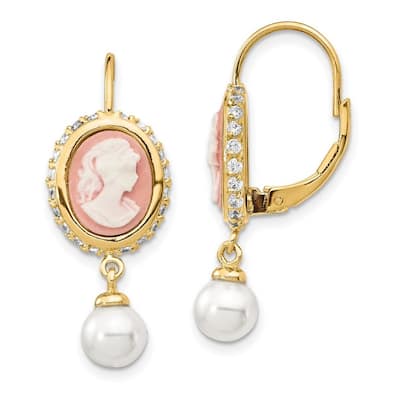 Curata Gold Plated 925 Sterling Silver Dangle Glass Pearl Cameo CZ Cubic Zirconia Simulated Diamond Leverback Earrings Measures