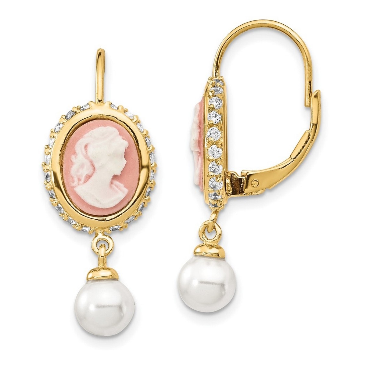 Curata Gold Plated 925 Sterling Silver 28x11mm Pearl Cameo CZ Cubic Zirconia Leverback Earrings