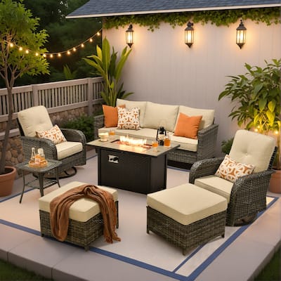 XIZZI 7-piece Outdoor Patio Furniture Set Wicker Chairs with Fire Table