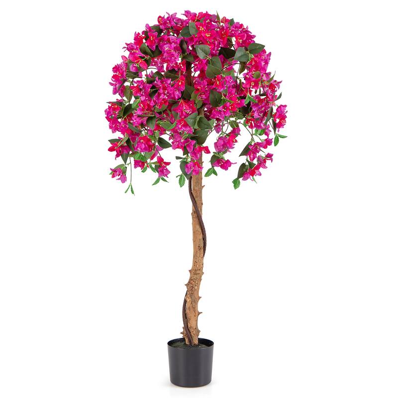 Gymax 4.5FT Artificial Tree Azalea Artificial Tree w/ Plastic Pot for - Green+Red