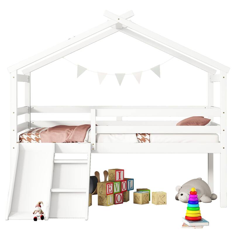 White Twin Low Loft House Bed with Slide, Ladder, Safety Guardrails, House Roof Frame