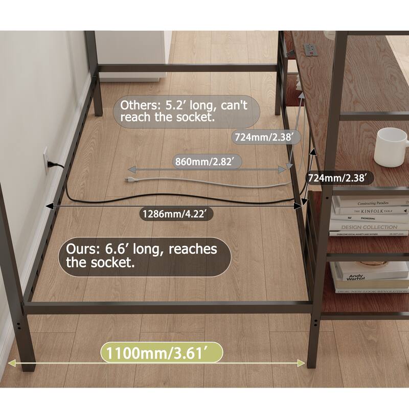 Full Over Twin Bunk Bed with Desk and Charging Station and Shelves and Metal Wire Mesh Panel with Hooks,Safety Guard & Stairs
